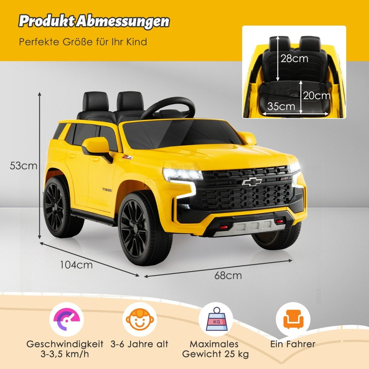 Yellow children's ride-on car with dimensions: 104x68x53cm. Interior 35x28x20cm.