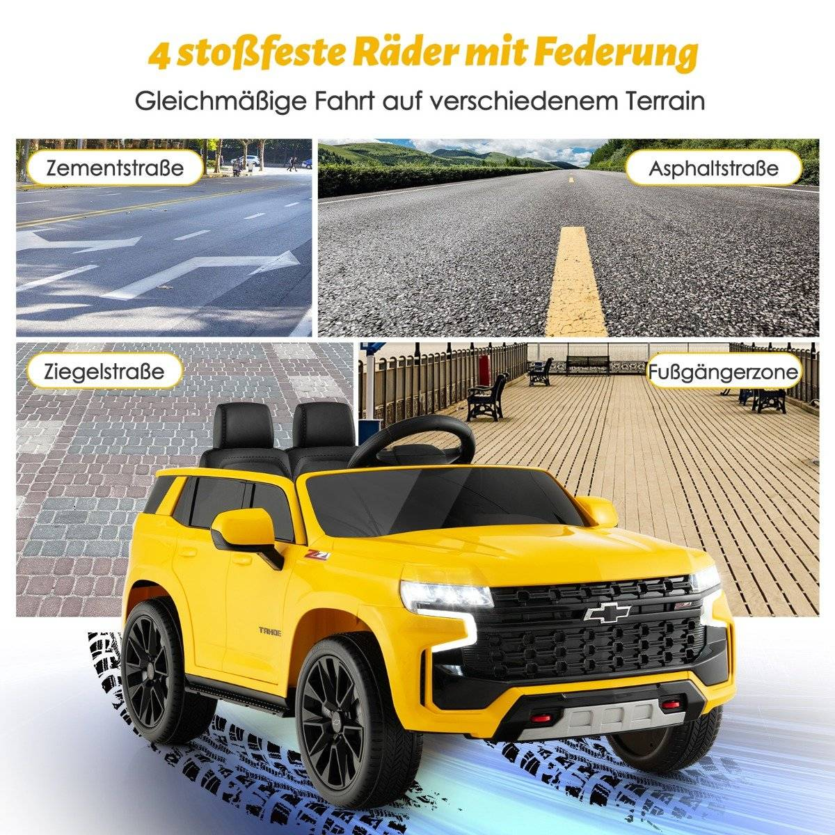 Yellow children's SUV with 4 images of different terrains: cement, asphalt, brick, pedestrian zone.