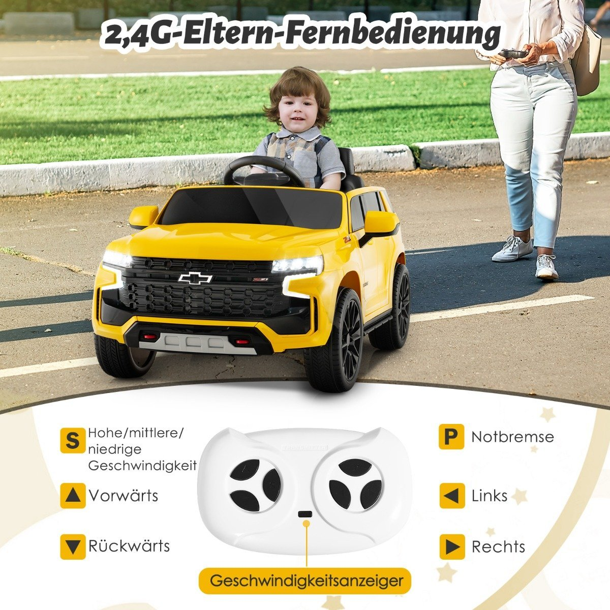 A yellow toy car with a child drives on the road, parent remote control beside it.