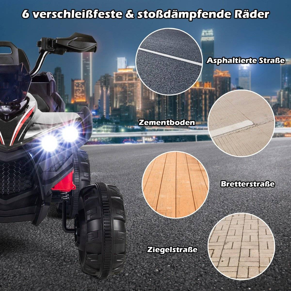 A children's quad with bright headlights on asphalt before a city skyline with diff. floorings.