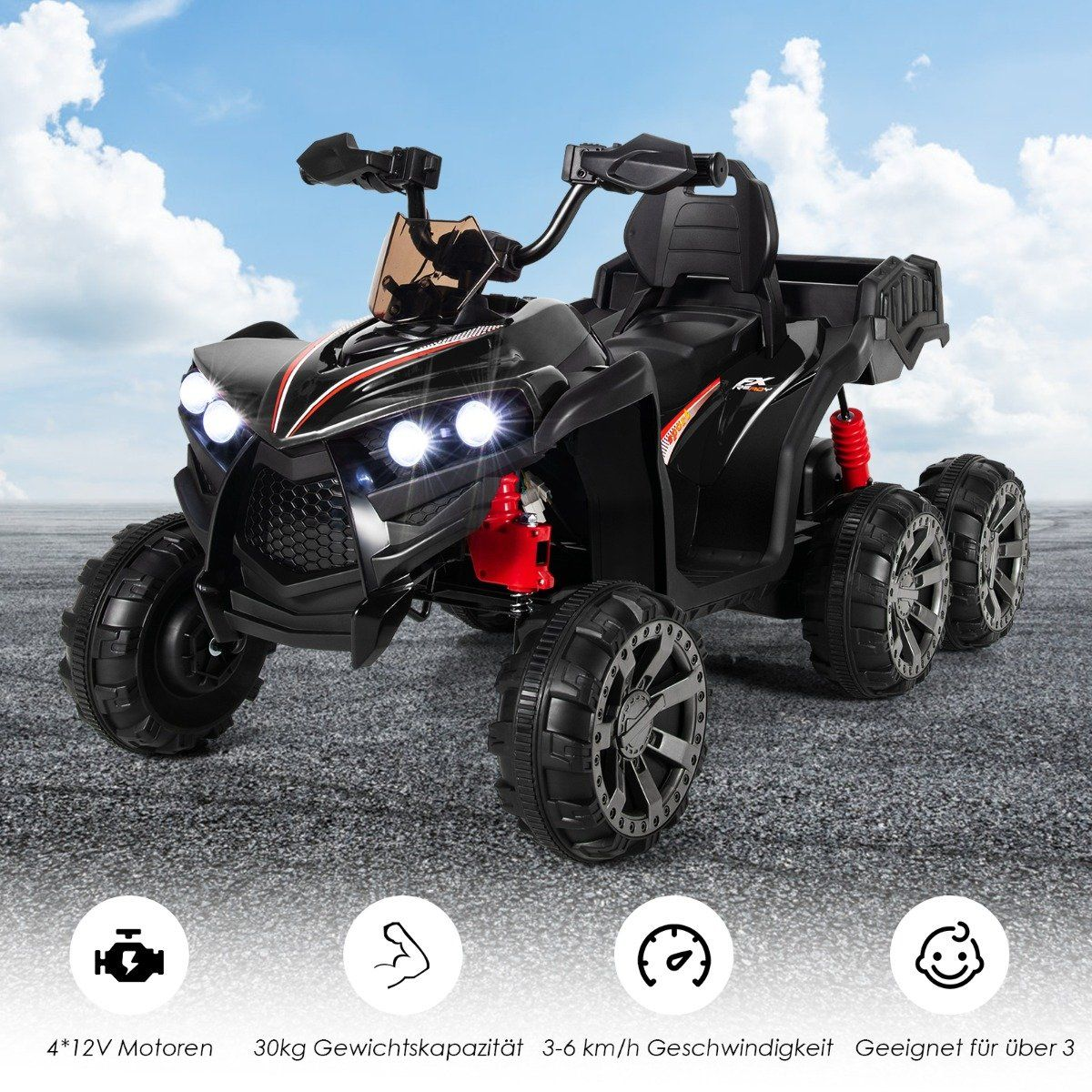 Black children's toy quad with LED headlights and red shock absorbers.