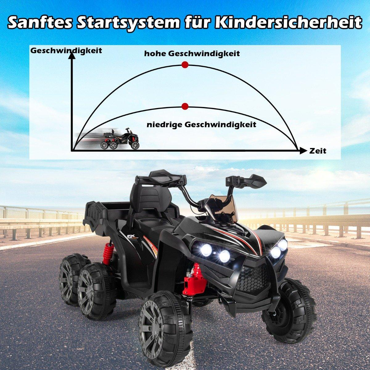 A black six-wheeled kids' quad bike on asphalt. A graph showing speed curves is above.