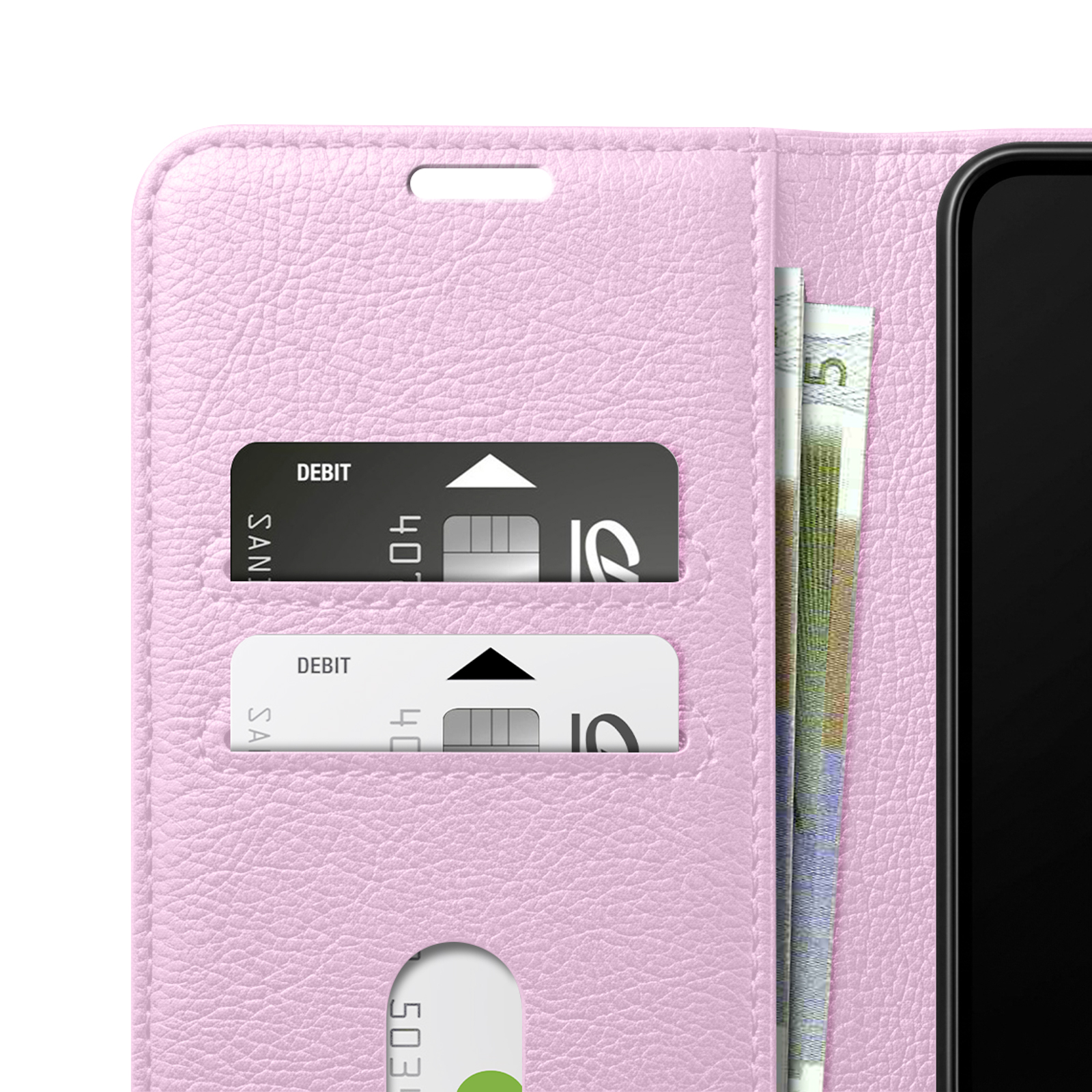 Ein rosa Leder-Telefonkasten mit Kartenschlitzen und Geldscheinen.