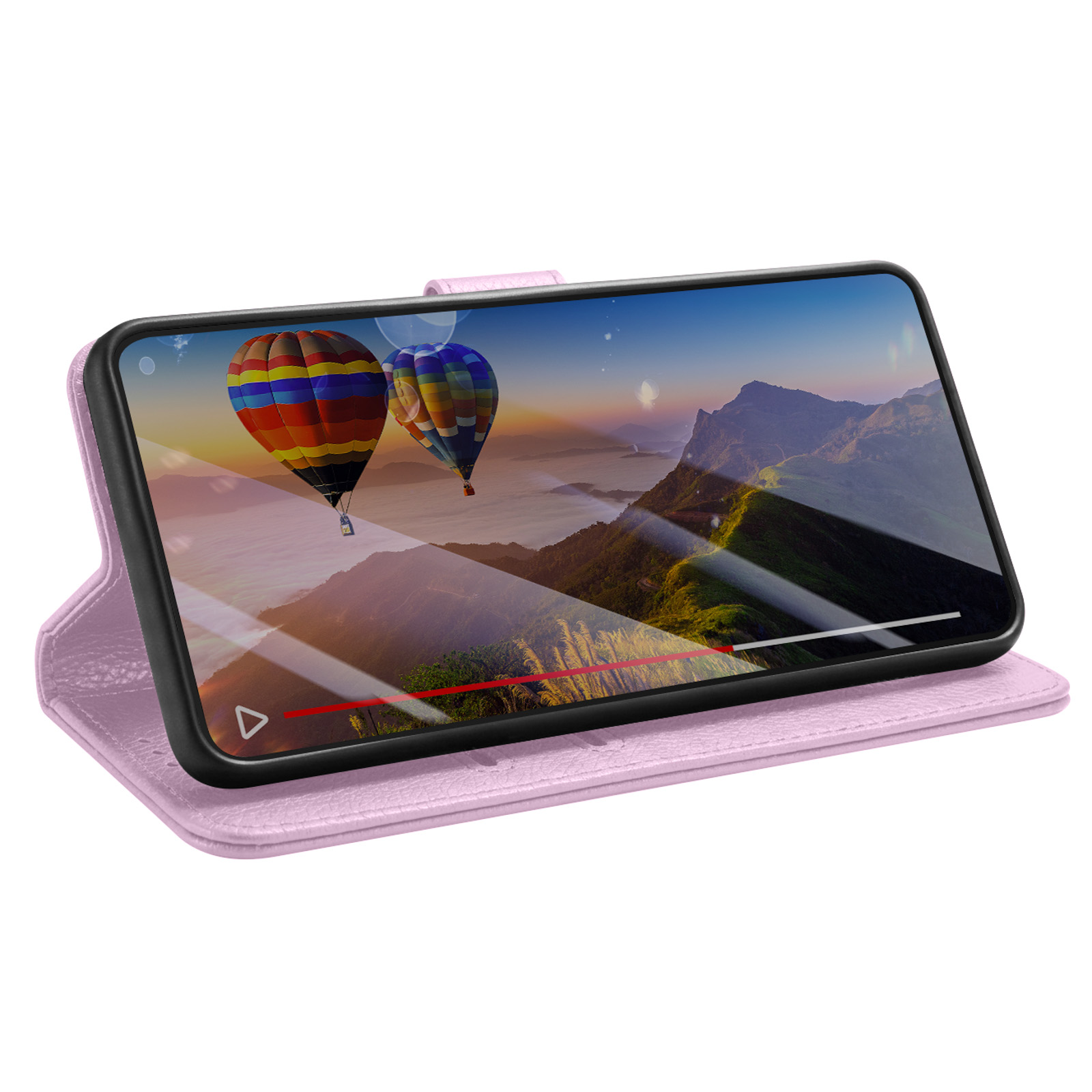 Ein Smartphone in einer rosa Hülle zeigt zwei bunte Heißluftballons über Bergen bei Sonnenuntergang.