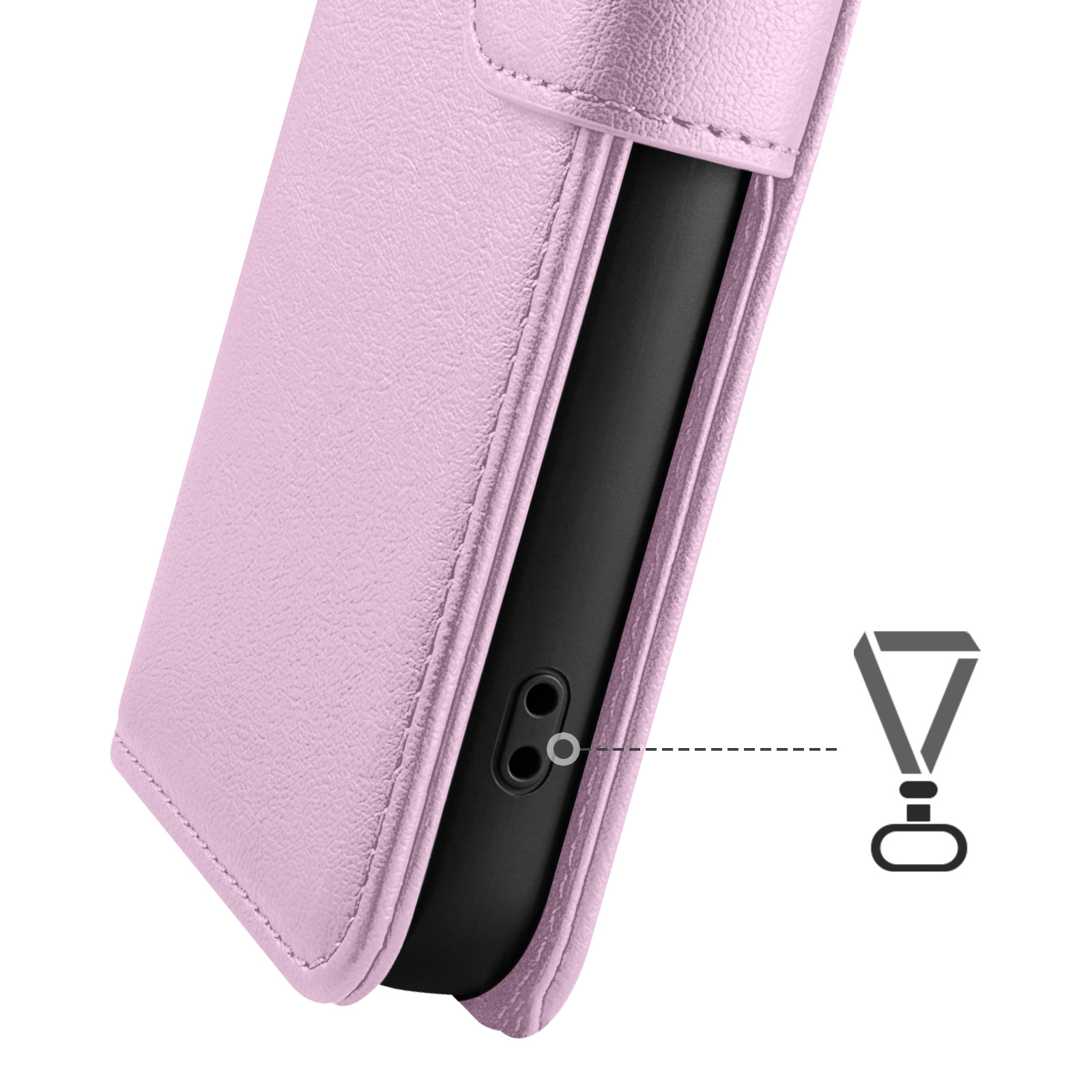 Ein rosafarbener Handy-Schutz mit schwarzem Telefon und Lanyard-Symbol.