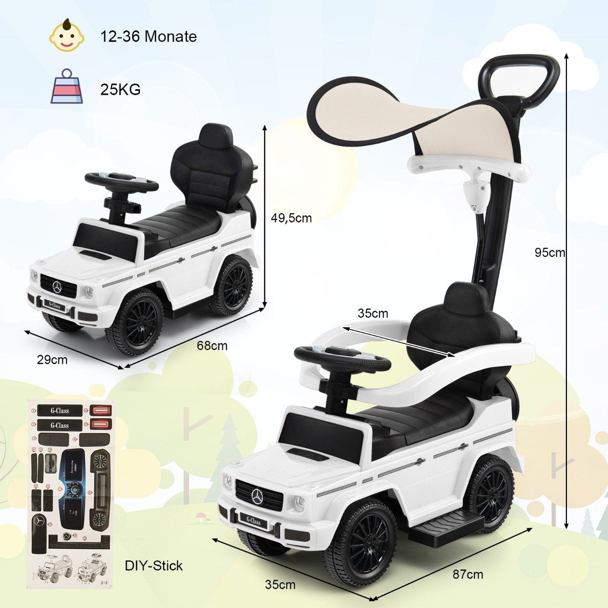 A white child's ride-on car styled like a Mercedes G-Class with dimensions.