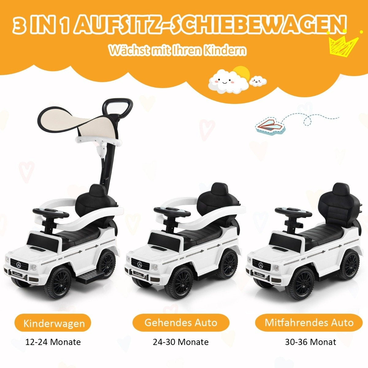 Three white toy cars in different stages, with push handle and backrest.