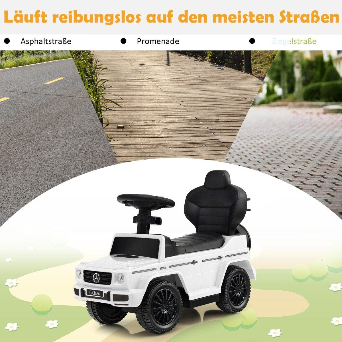 A white toy Mercedes G-Wagon car with a black seat and steering wheel.