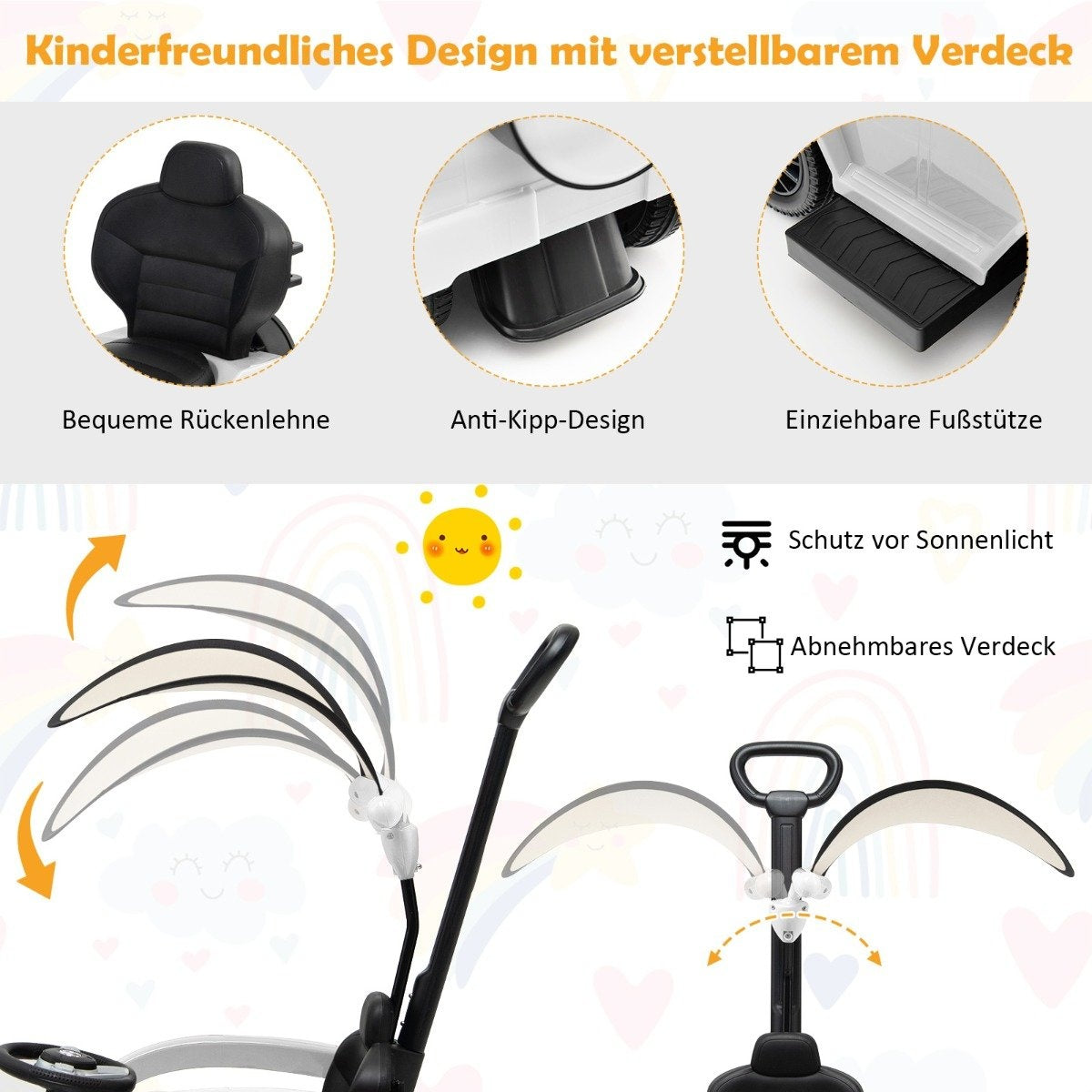 Child-friendly design with adjustable canopy, comfortable, anti-tip, with footrest.