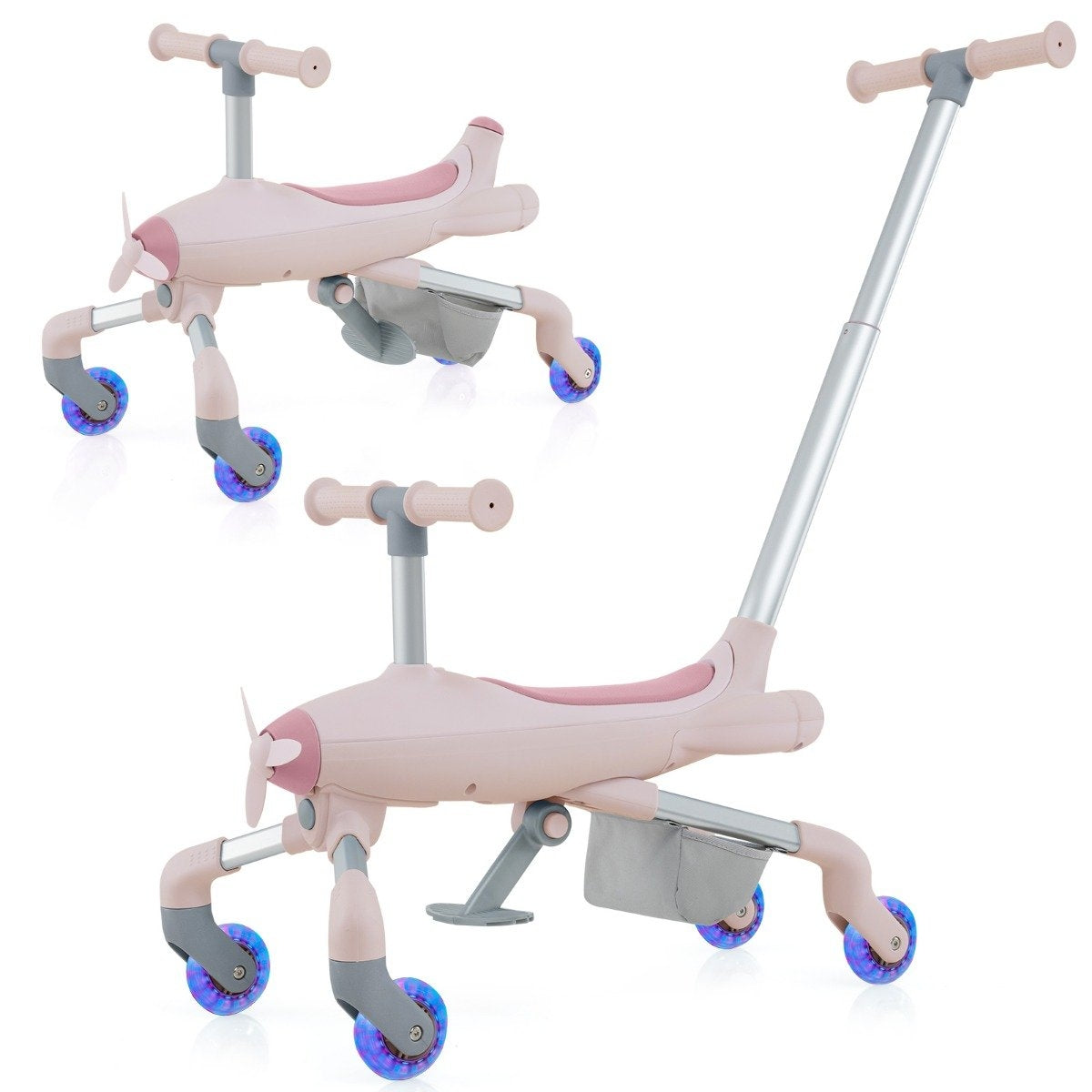 Two pink airplane scooters with light-up wheels, one with a handle.