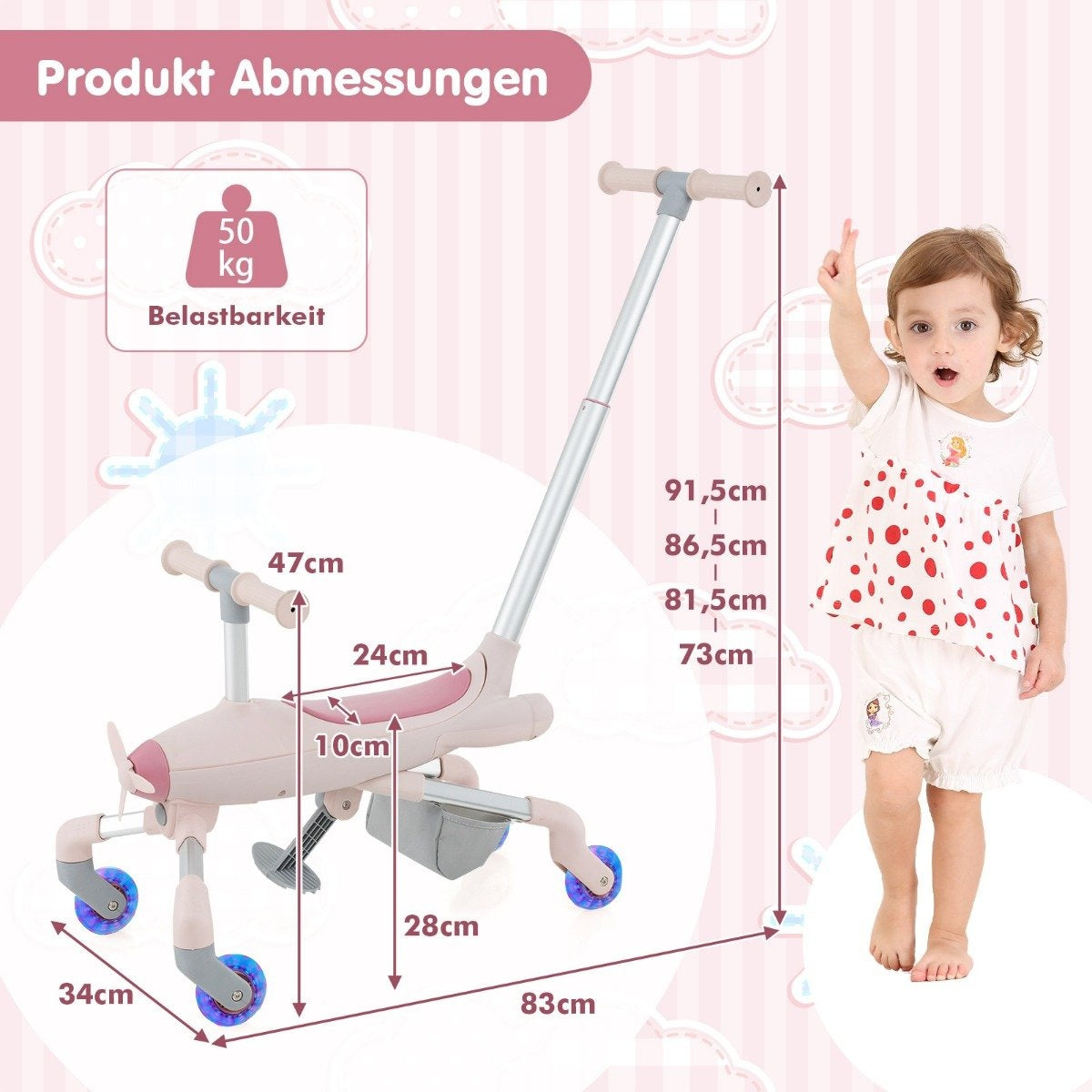 A toddler stands next to a pink child's ride-on toy with dimensions shown.