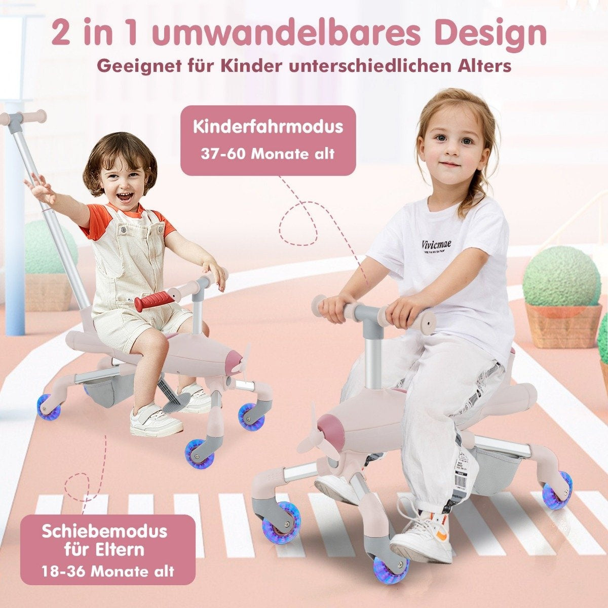 Two children on pink airplane tricycles with lights on the wheels.