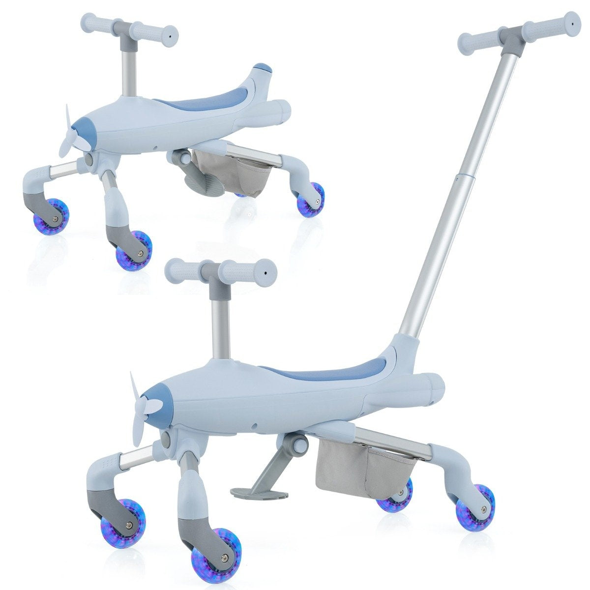Two light blue airplane-themed kids' scooters with illuminated wheels.