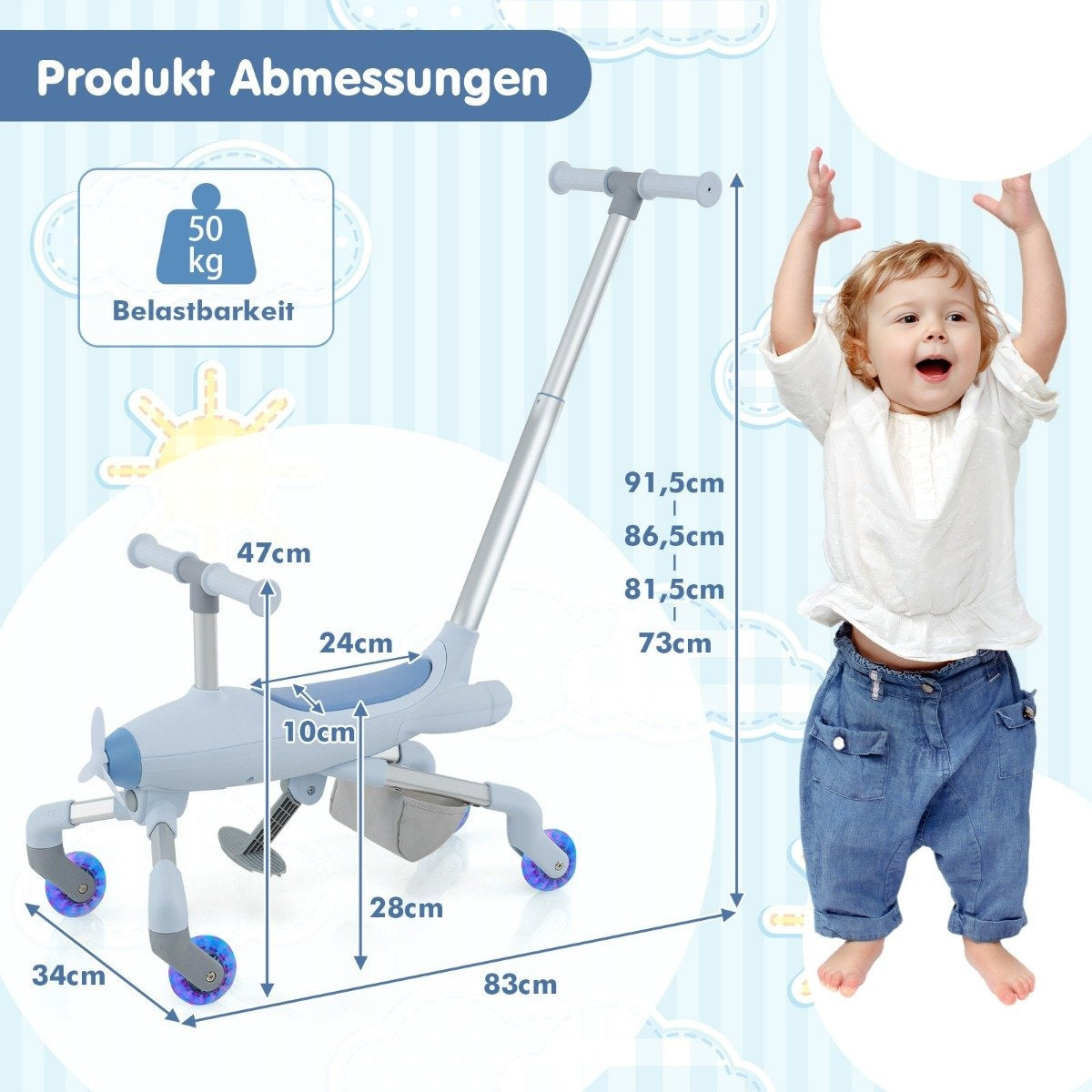 Product dimensions: A blue ride-on toy with dimensions and a child in blue jeans.