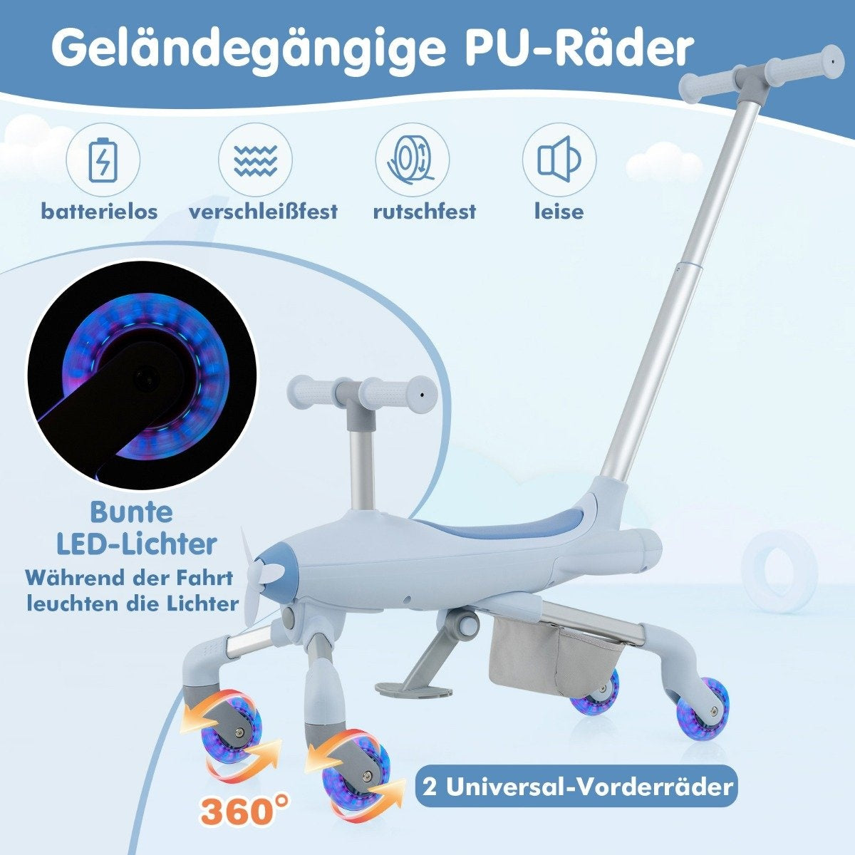 A light blue ride-on toy with LED wheels and handlebars. Features: battery-free, wear-resistant, non-slip, quiet.