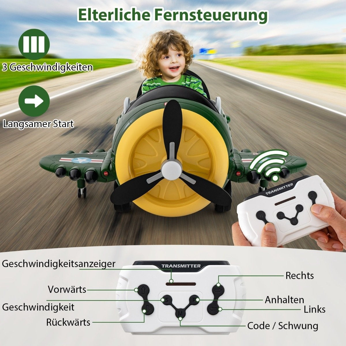 Child in toy plane with remote control, showing speed settings and controls.
