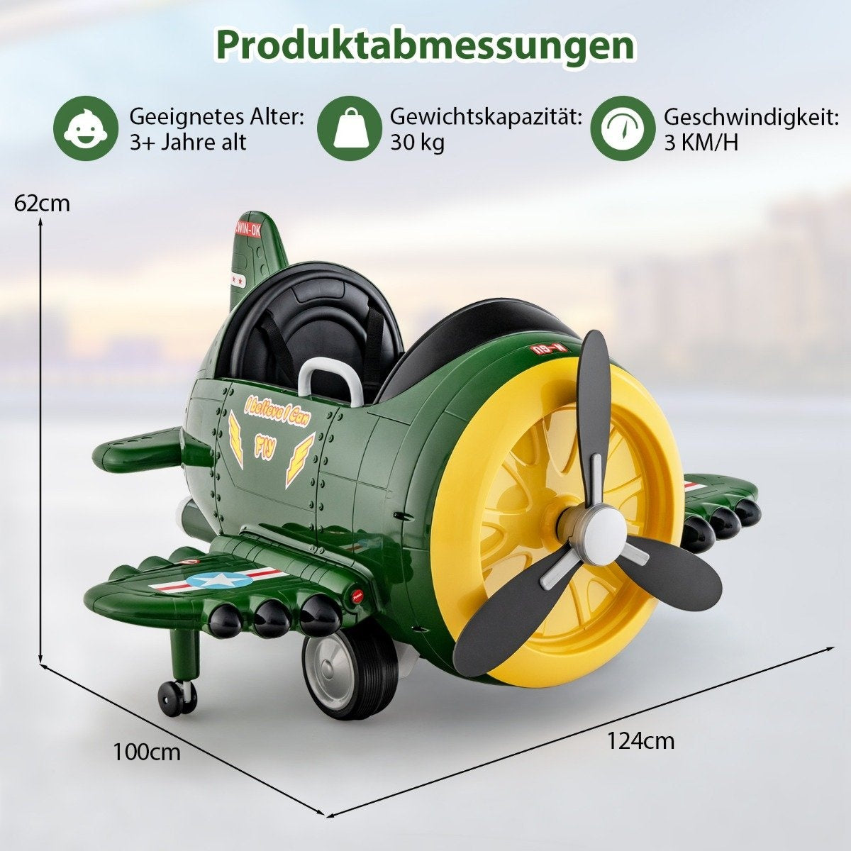 Green toy airplane with yellow propeller hub and black propellers.