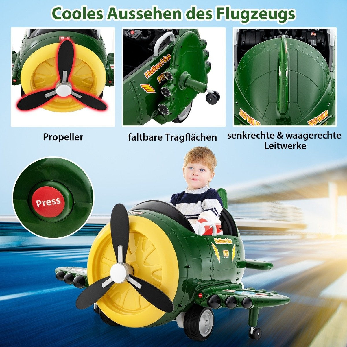 A child sits in a green toy airplane with a propeller and foldable wings.