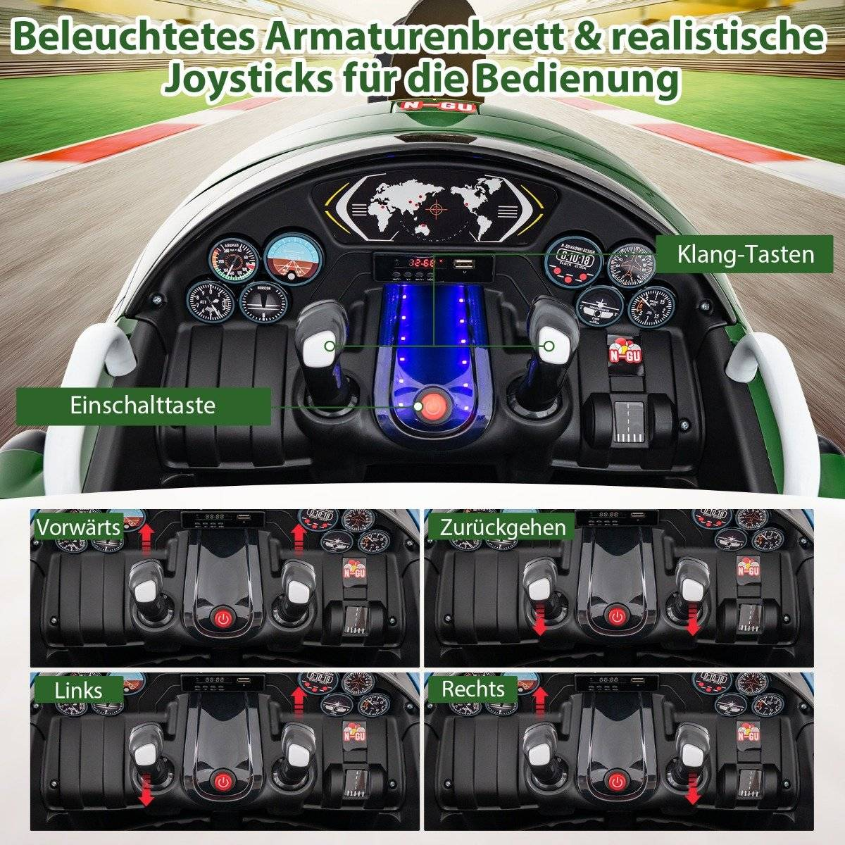 Illuminated dashboard with joysticks, buttons, and displays.