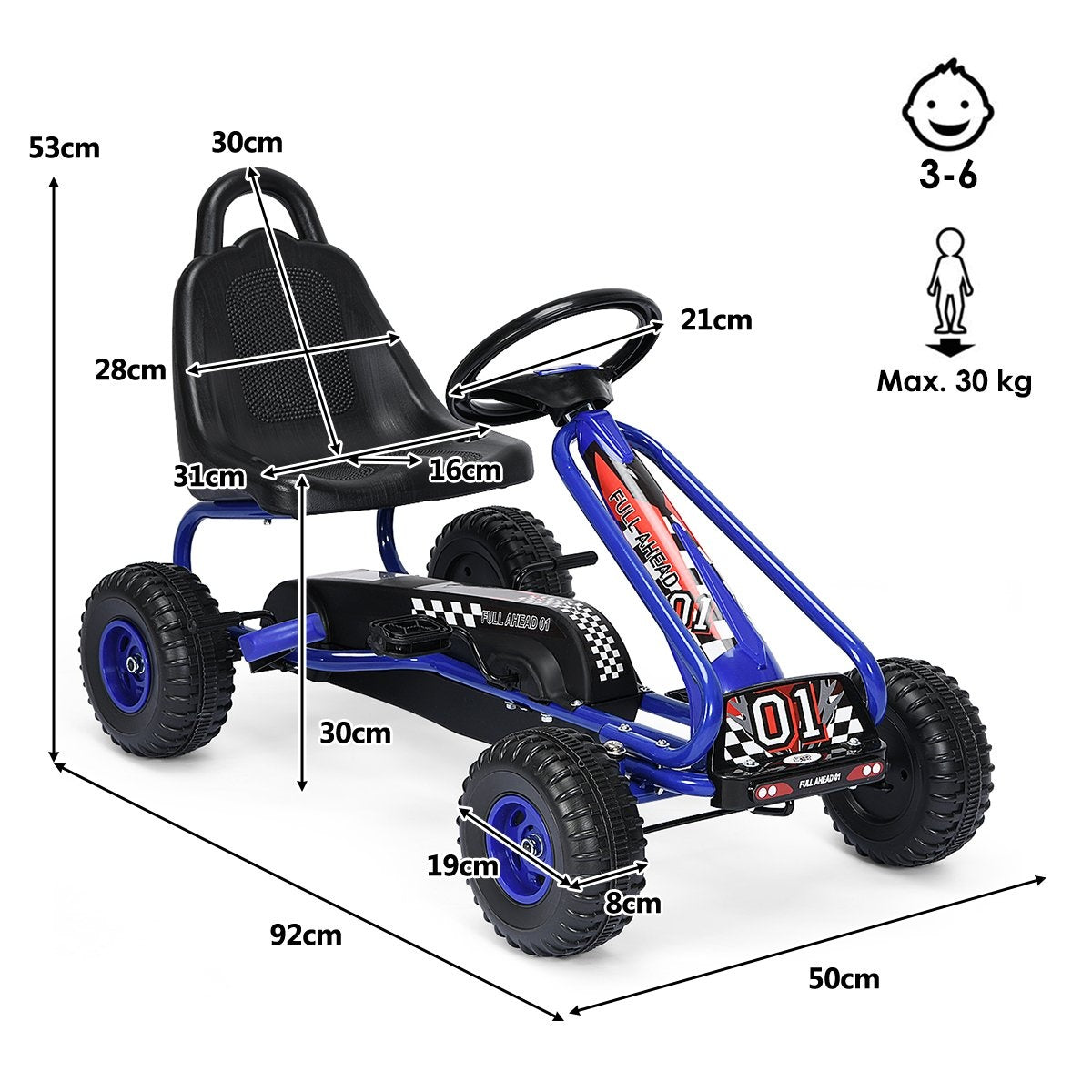 Blue pedal go-kart with black seat and steering wheel. Dimensions shown.