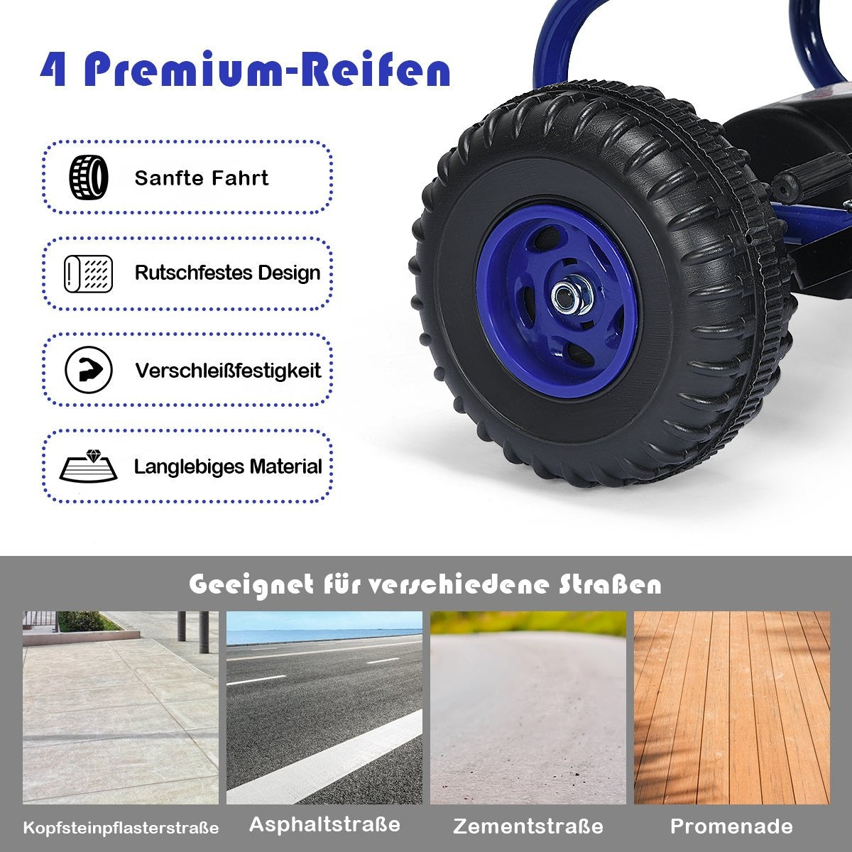 Image shows a tire with features: smooth ride, non-slip, wear-resistant, durable material.