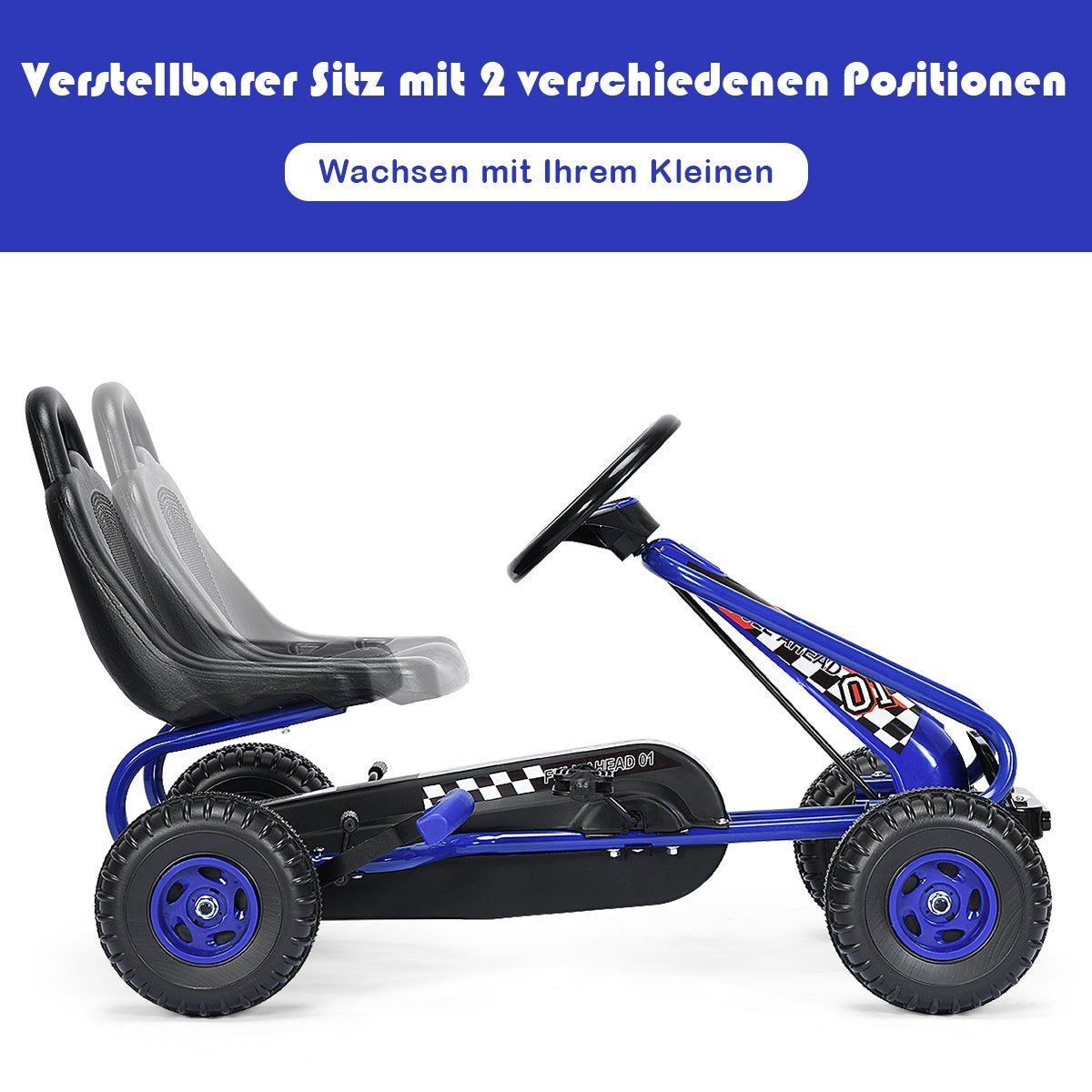 Blue go-kart with adjustable seat in two positions.