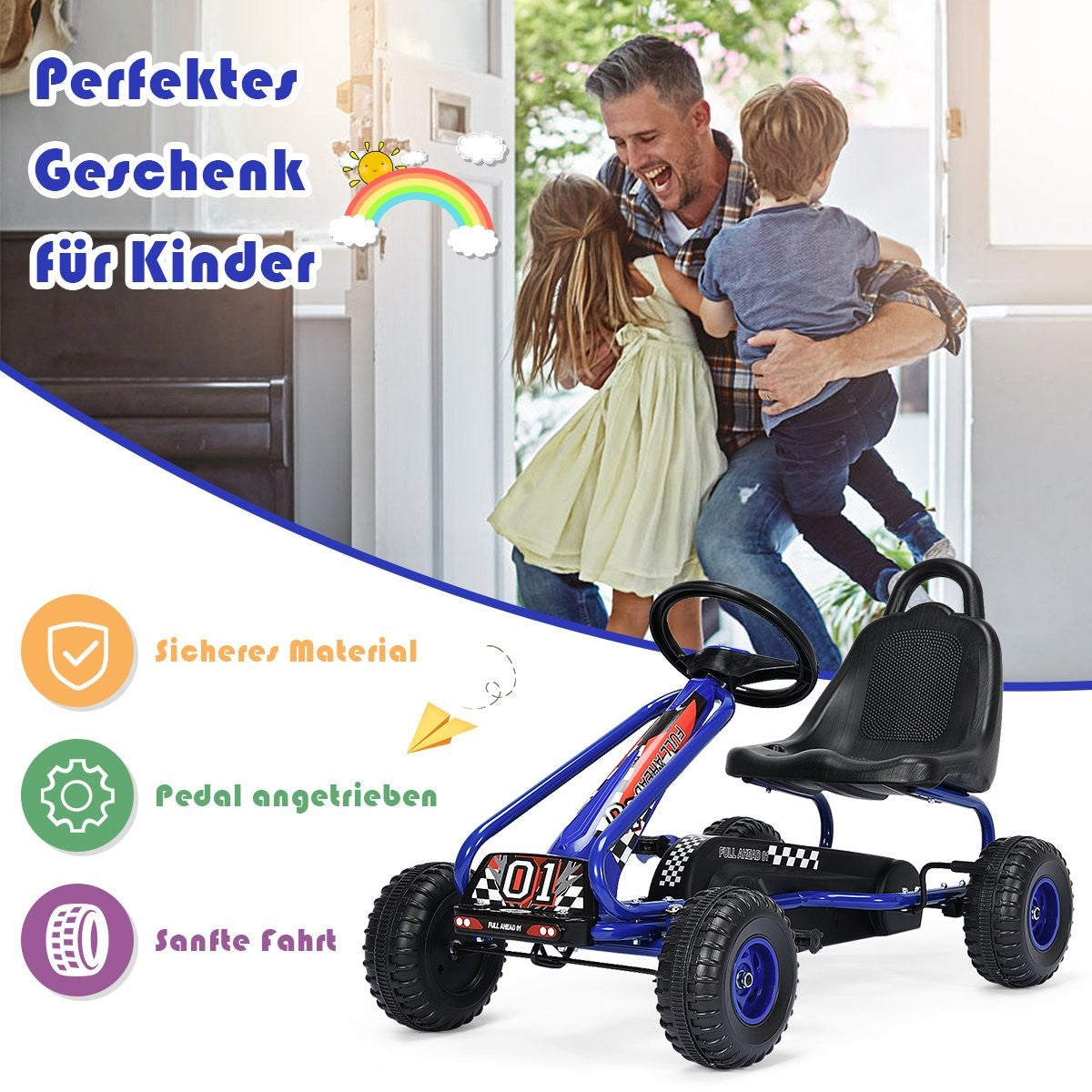 A man with two kids and a blue go-kart. Text: Perfect gift for kids.