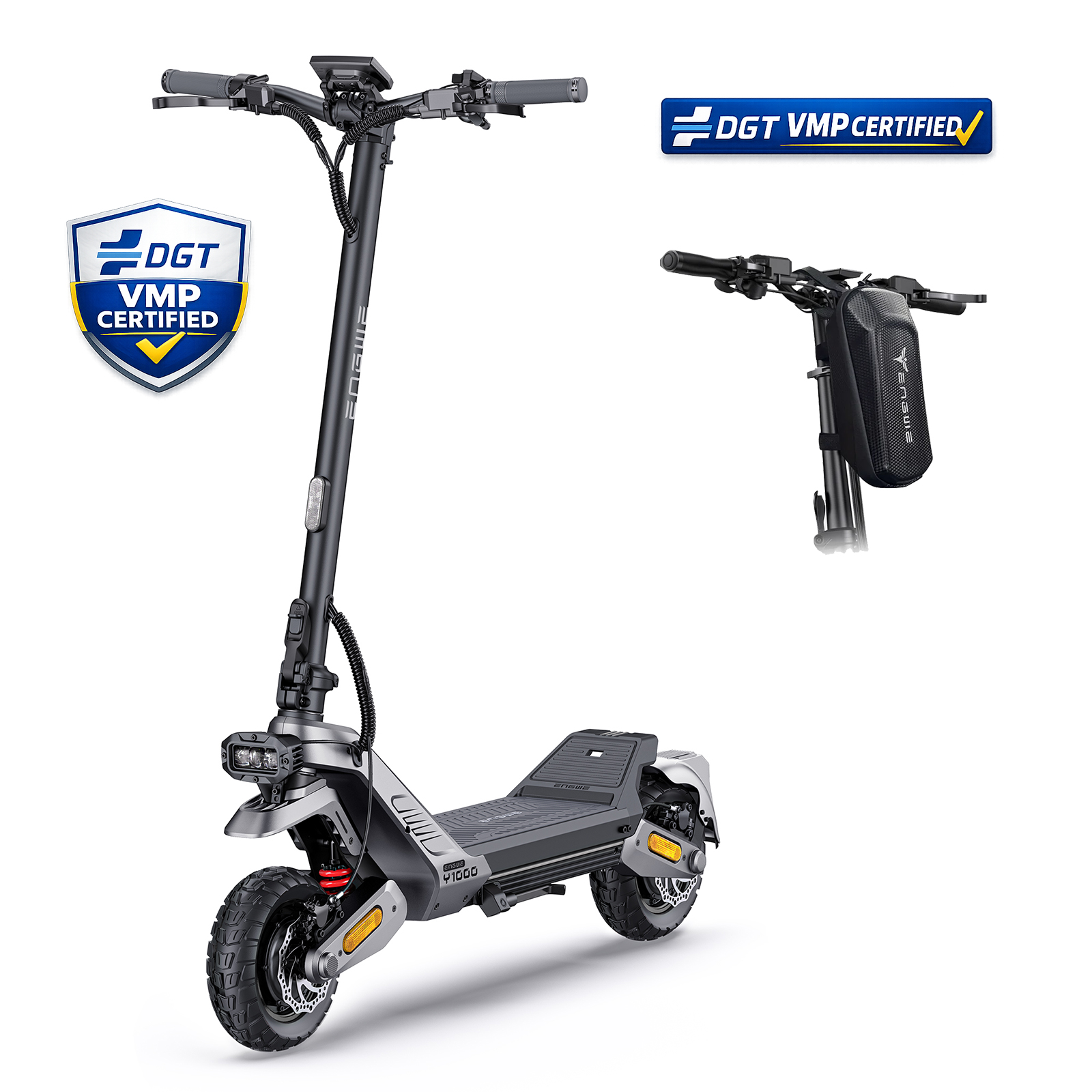 Un patinete eléctrico negro con logos certificados DGT VMP.