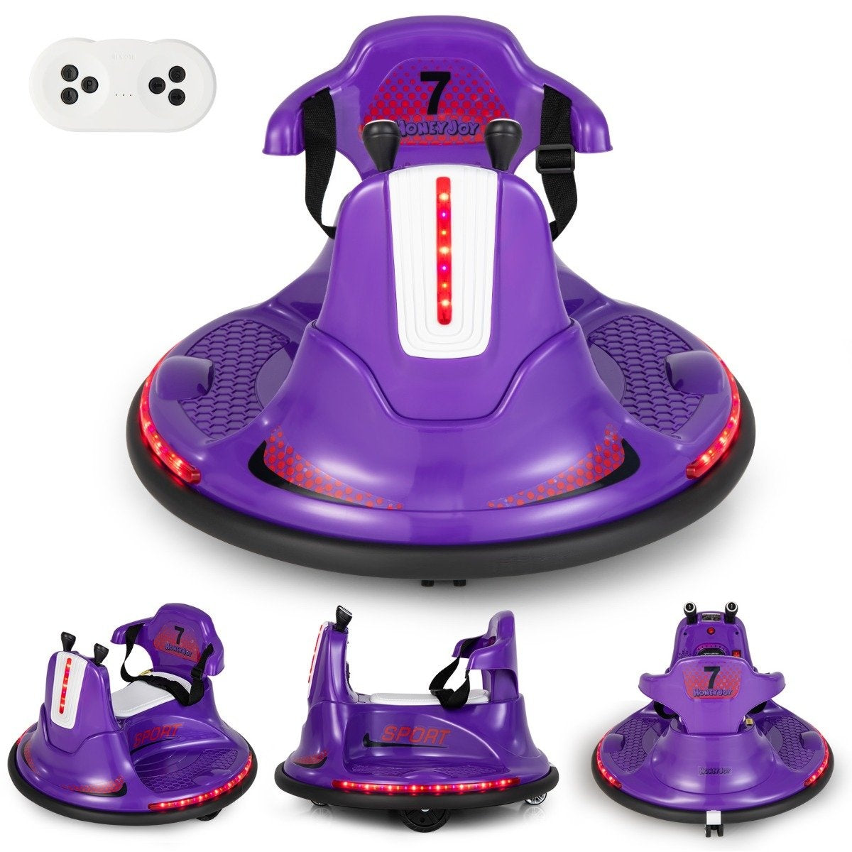 Purple children's drift car with remote control and lights.