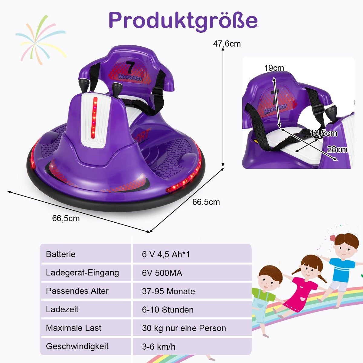 Purple kids' electric ride-on car with dimensions and specs. Two views.