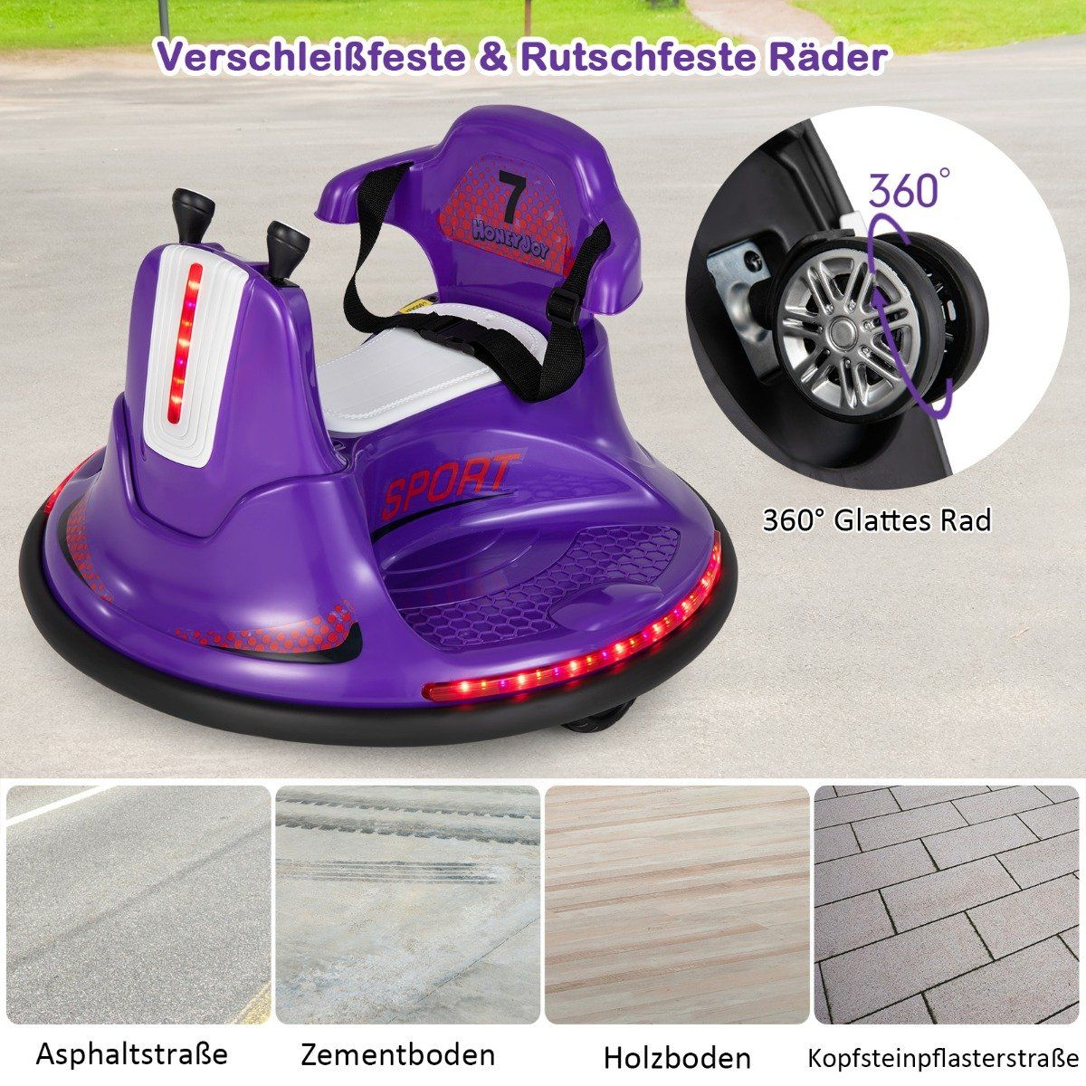 Purple electric ride-on bumper car with 'Sport' label and red LED lights.