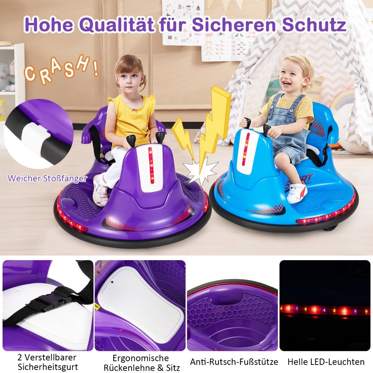 Two children ride colorful bumper cars in a room with toys and tents.