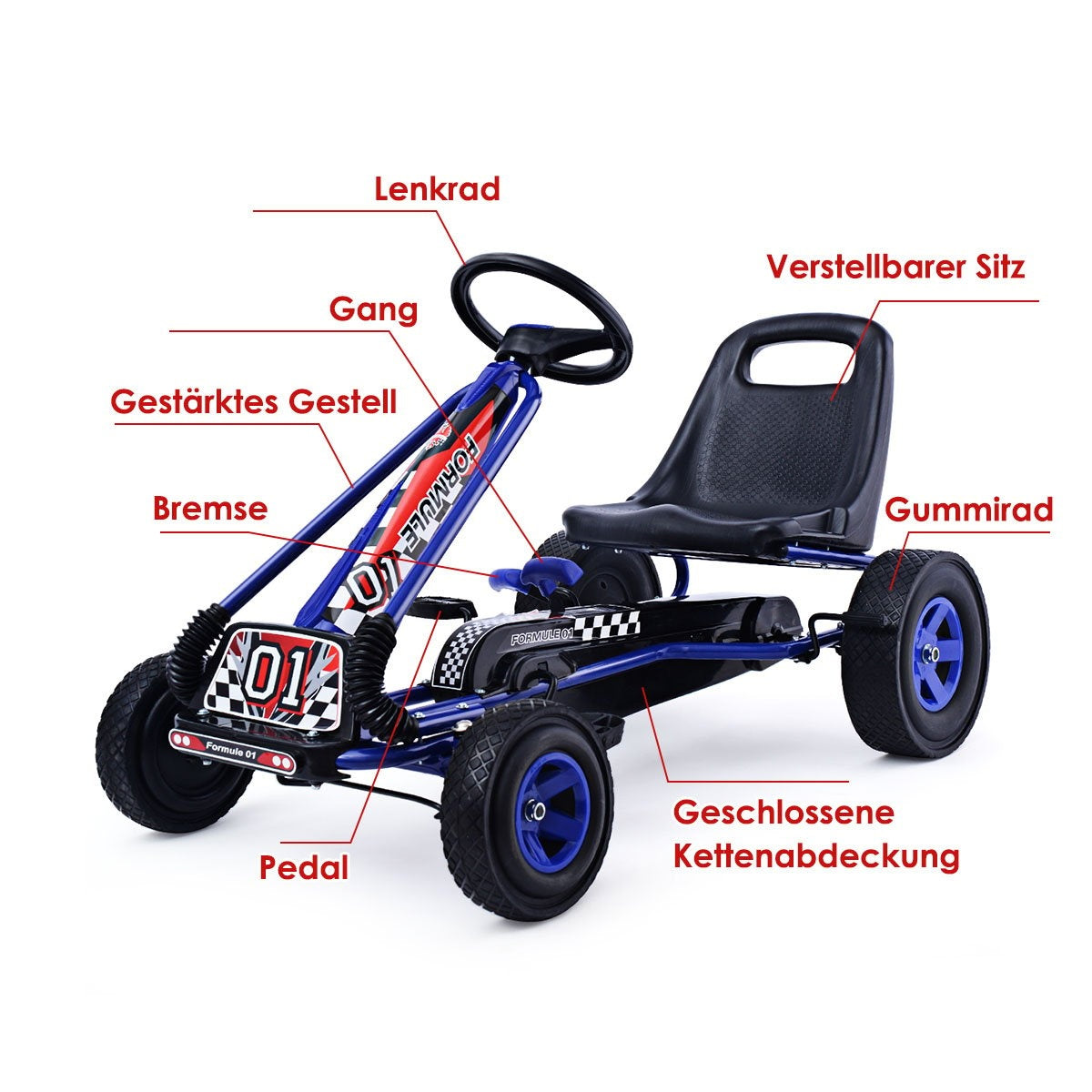 A blue go-kart with black tires and seat, shown on a white background.