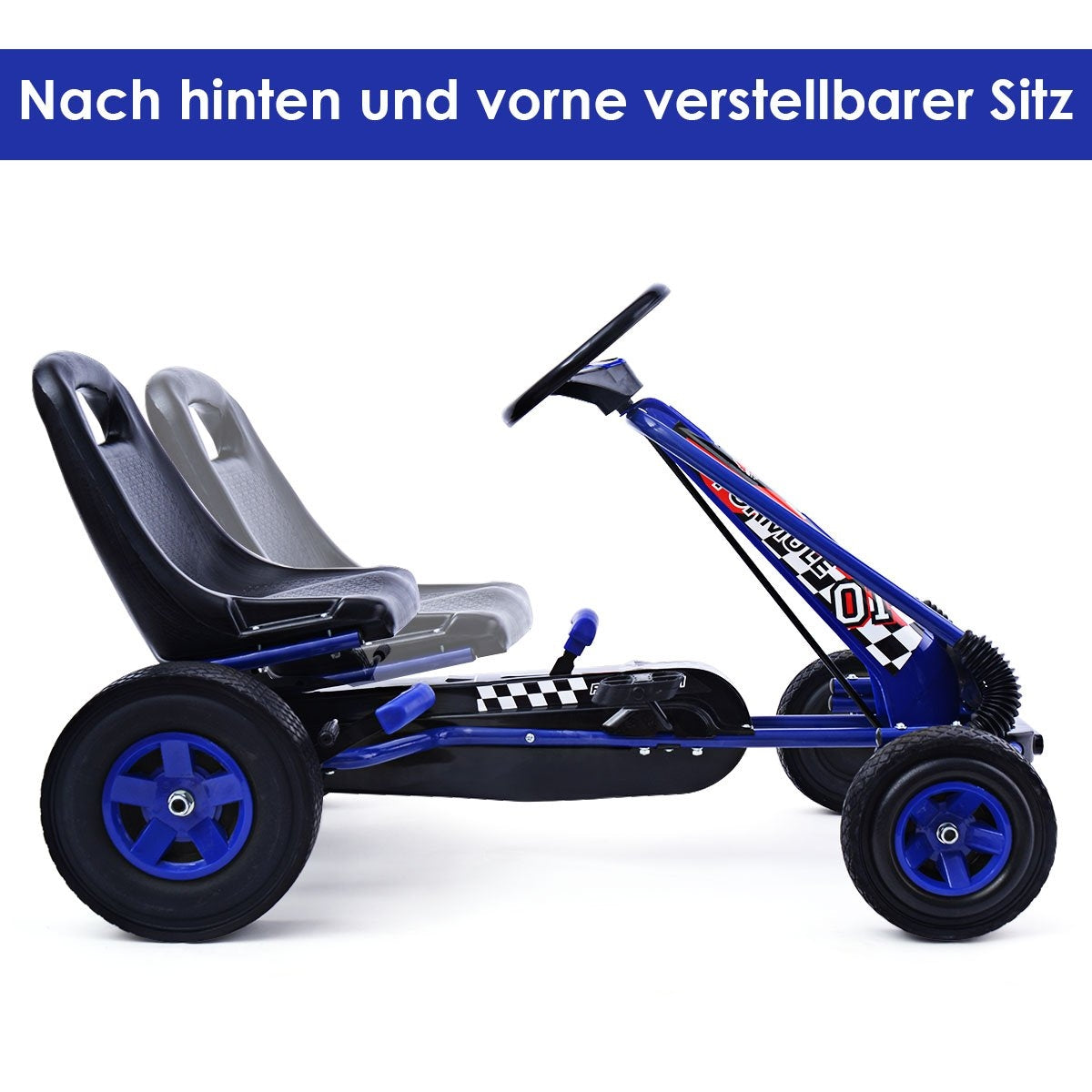 A blue go-kart with two seats and black wheels.