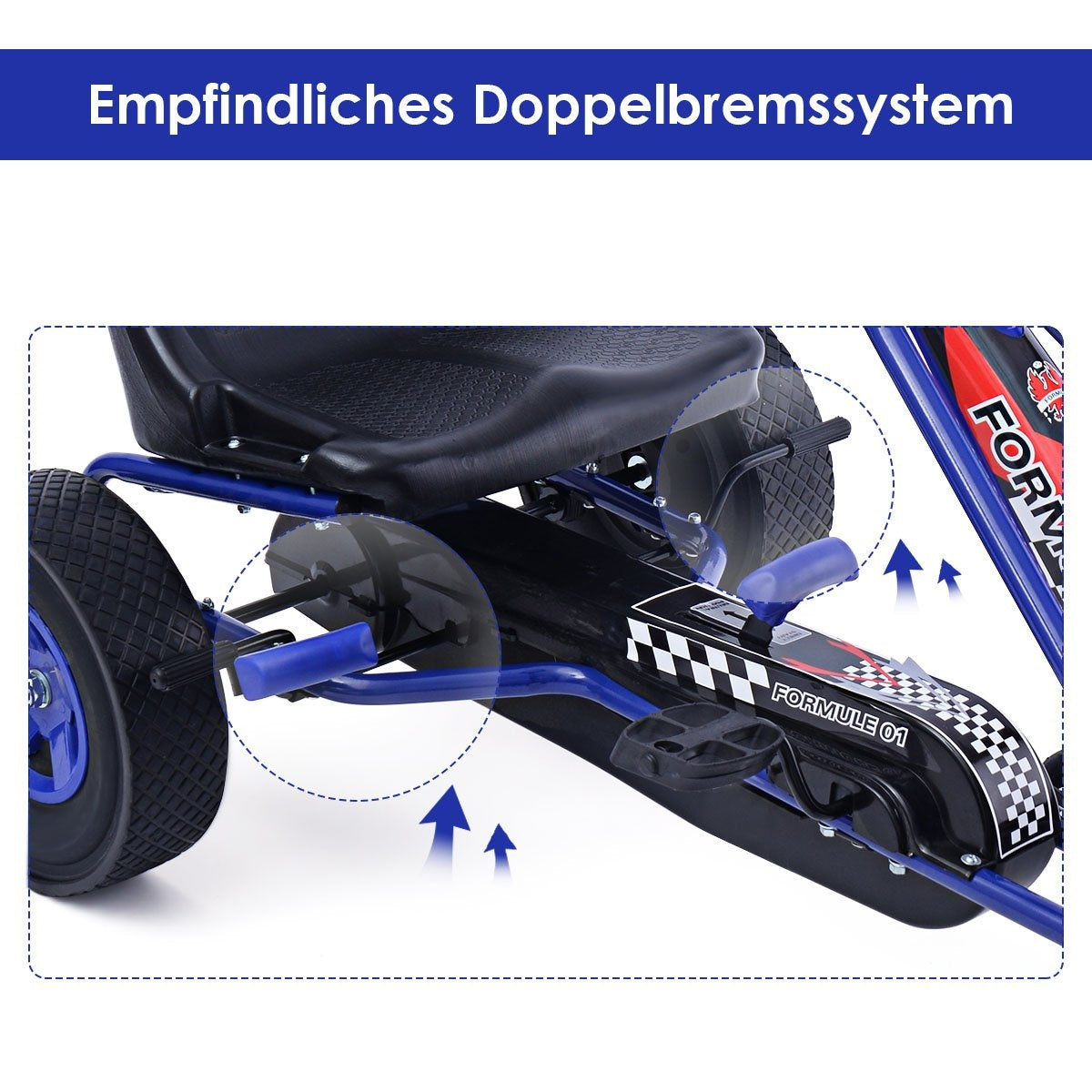 Close-up of a blue go-kart showing suspension details and a black seat.