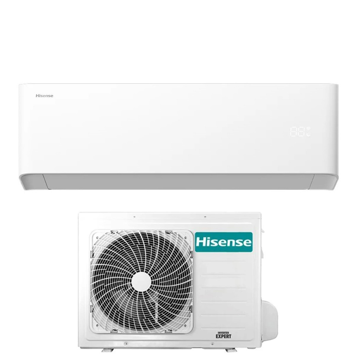 Un condizionatore Hisense bianco con unità interna ed esterna su sfondo bianco.