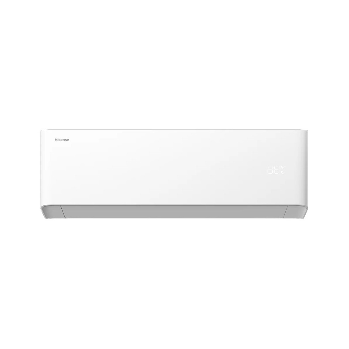 Un condizionatore Hisense bianco con display digitale su sfondo bianco.