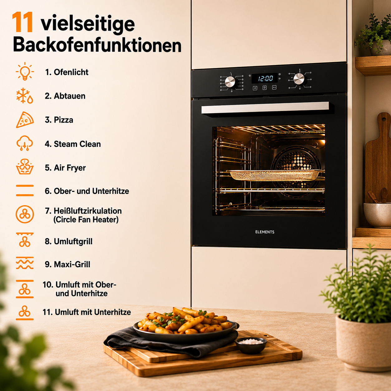 Ofen mit 11 aufgelisteten Funktionen. Eine Platte mit Pommes frites im Vordergrund.