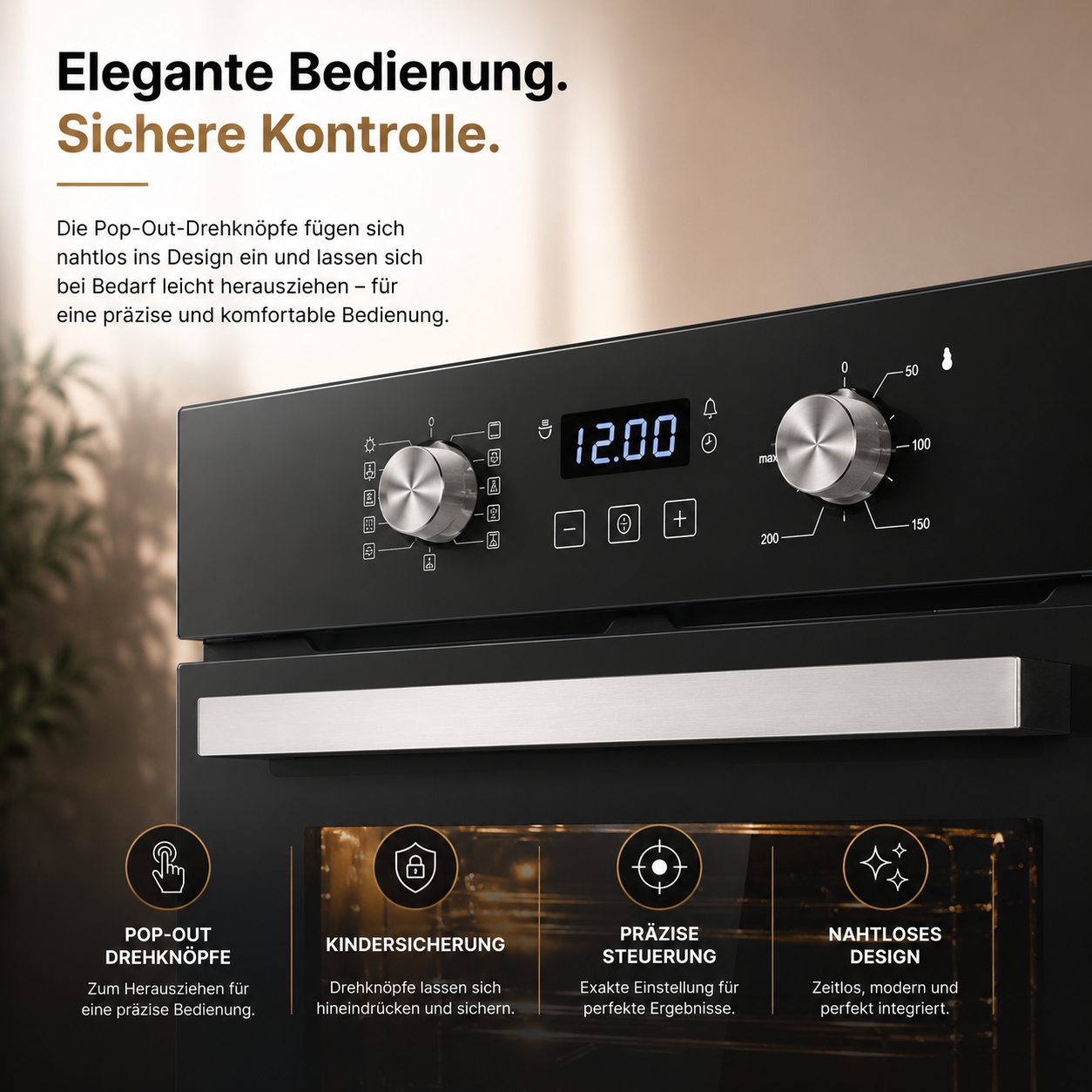 Ein moderner schwarzer Ofen mit Pop-Out-Drehknöpfen und digitaler Anzeige.