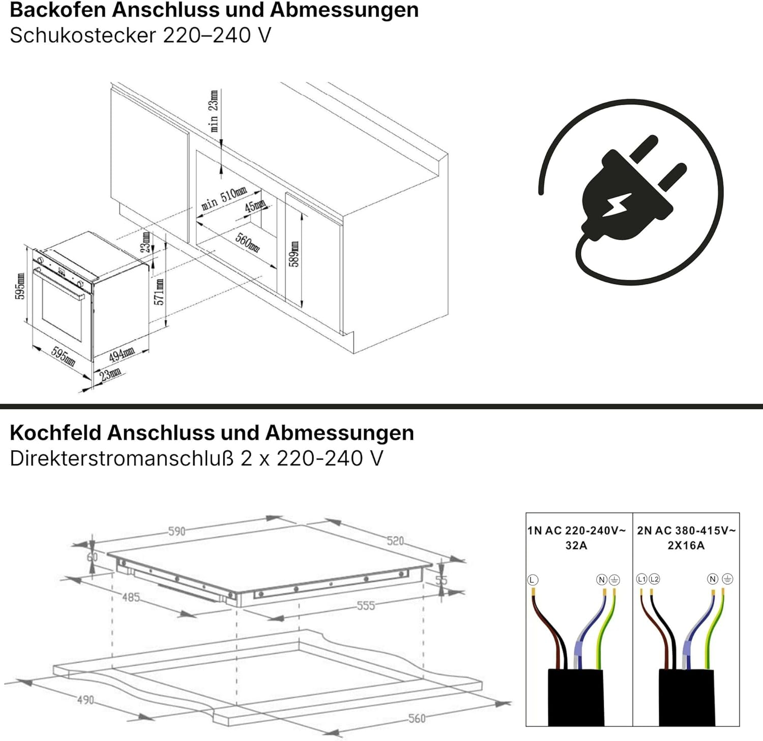 Einbau- und Anschlussmaße für Backofen und Kochfeld mit Stromanschlüssen.