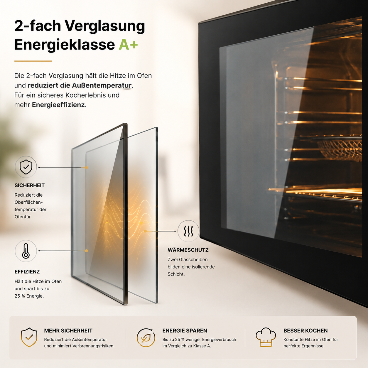 Ein Ofen mit Doppelverglasung, Energieklasse A+. Er hält Hitze innen, reduziert Außentemperatur.