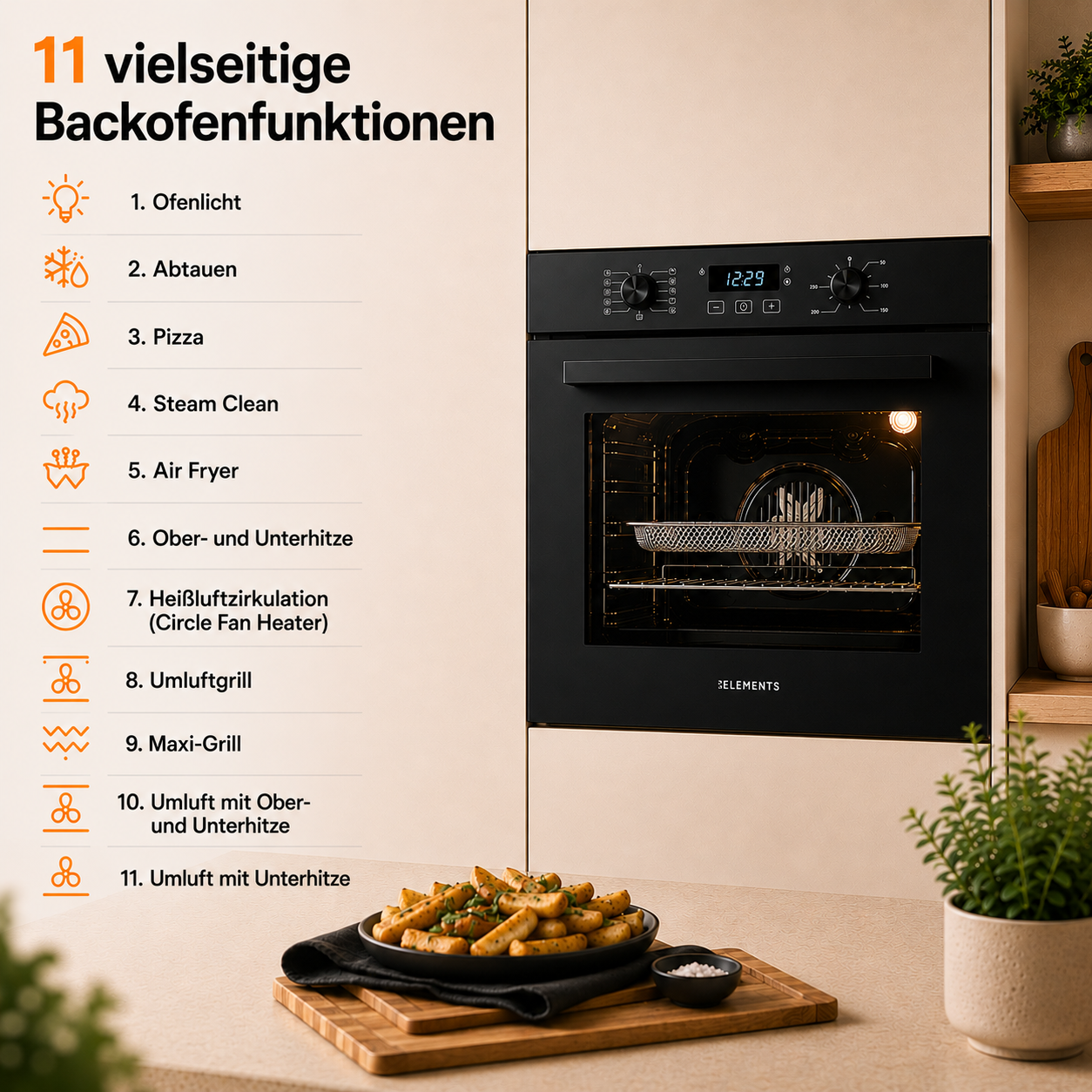 Ein moderner Einbauofen mit digitaler Anzeige und einer Liste von 11 Funktionen.