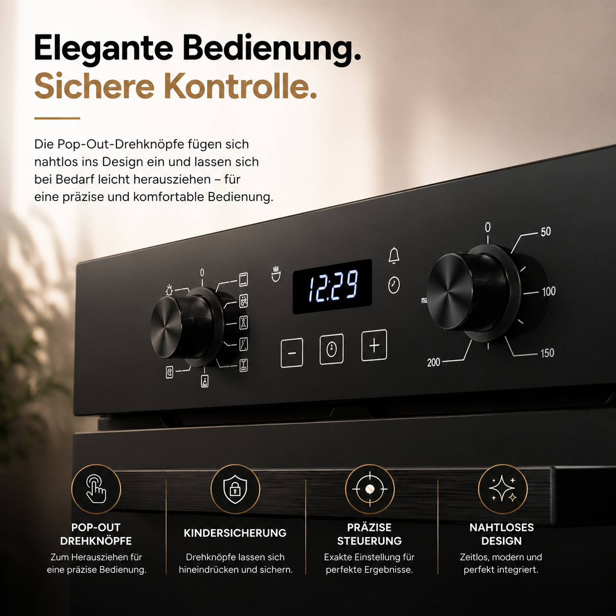 Schwarzer Ofen mit Pop-Out Drehknöpfen, digitaler Anzeige und Symbolen.