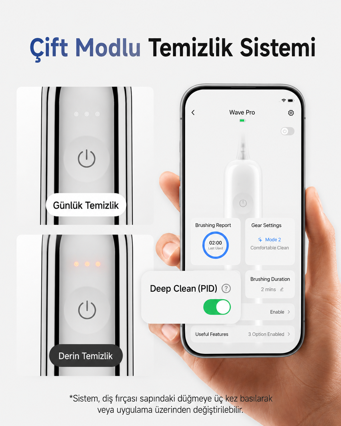 Uygulama kontrollü elektrikli diş fırçası, günlük ve derin temizlik modlarını gösterir.