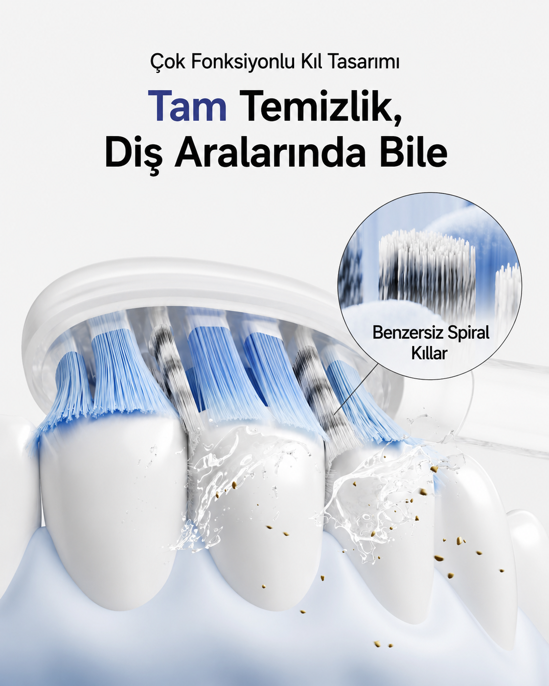 Elektrikli diş fırçası dişleri su ve kir parçacıklarıyla temizler.