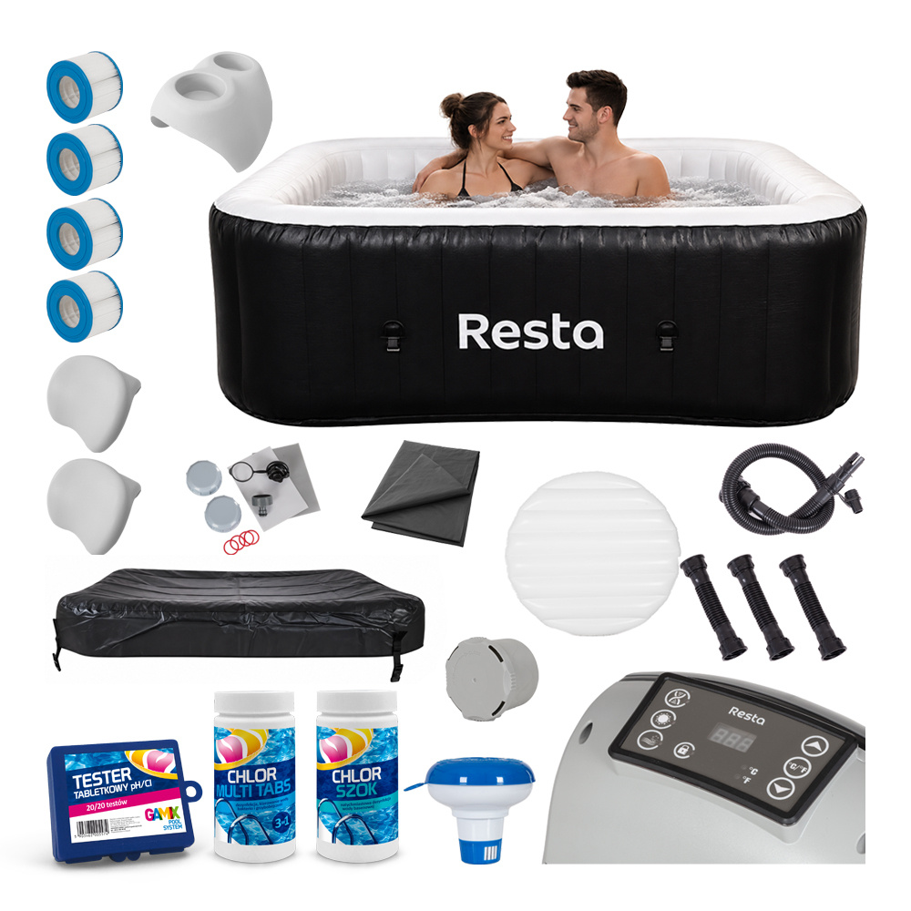 Nadmuchiwany jacuzzi z akcesoriami, takimi jak filtry, poduszki, pokrywa i chemikalia.