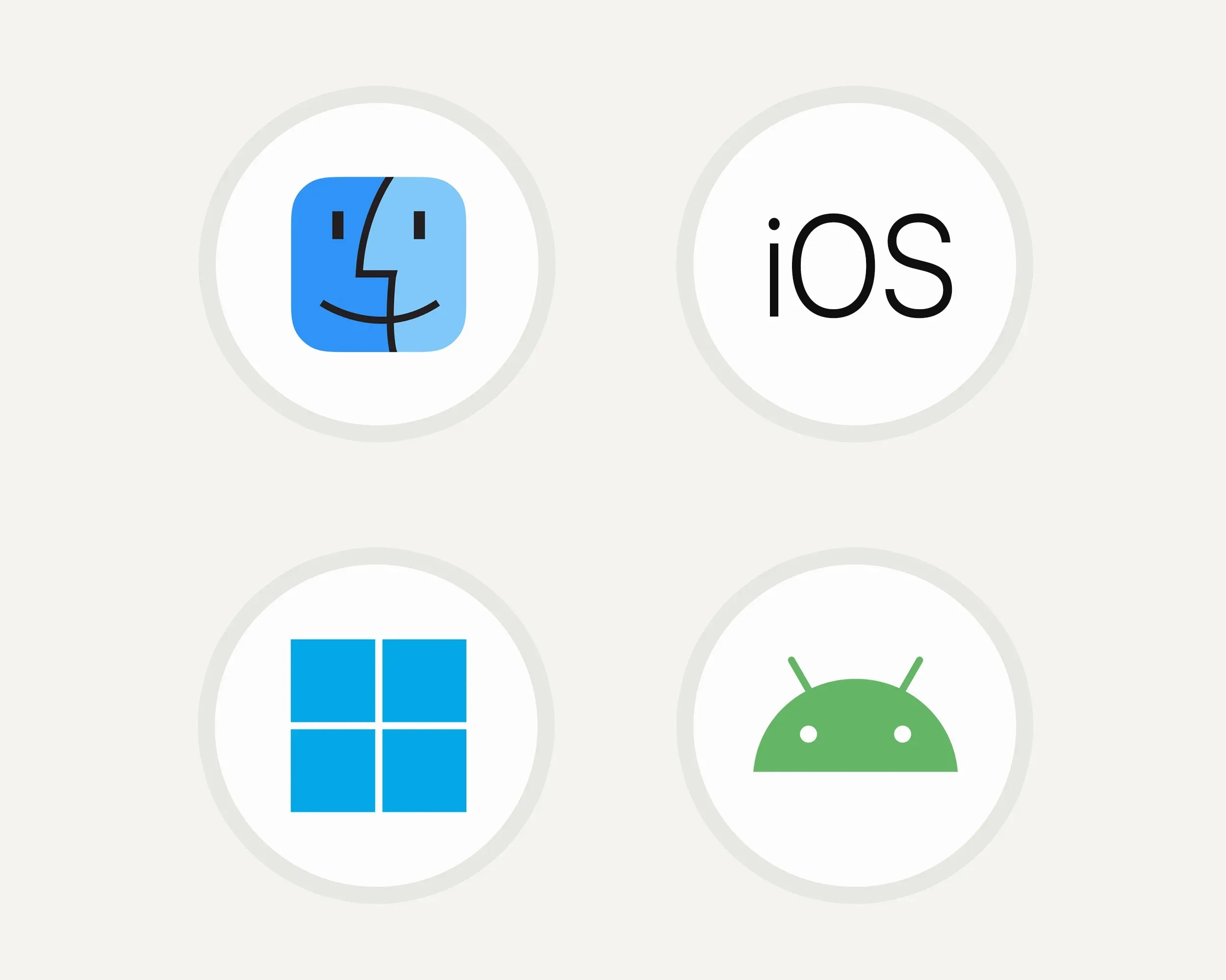 Ikony dla systemów macOS, iOS, Windows i Android.