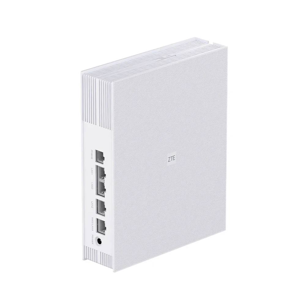 Biały router ZTE z portami na telefon, LAN i zasilanie.
