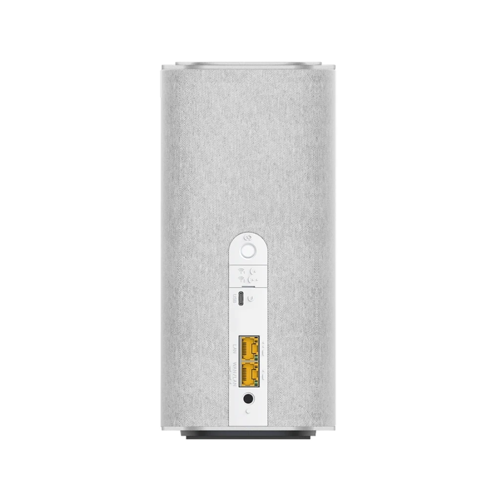 Szary router z portami i przyciskami z tyłu.