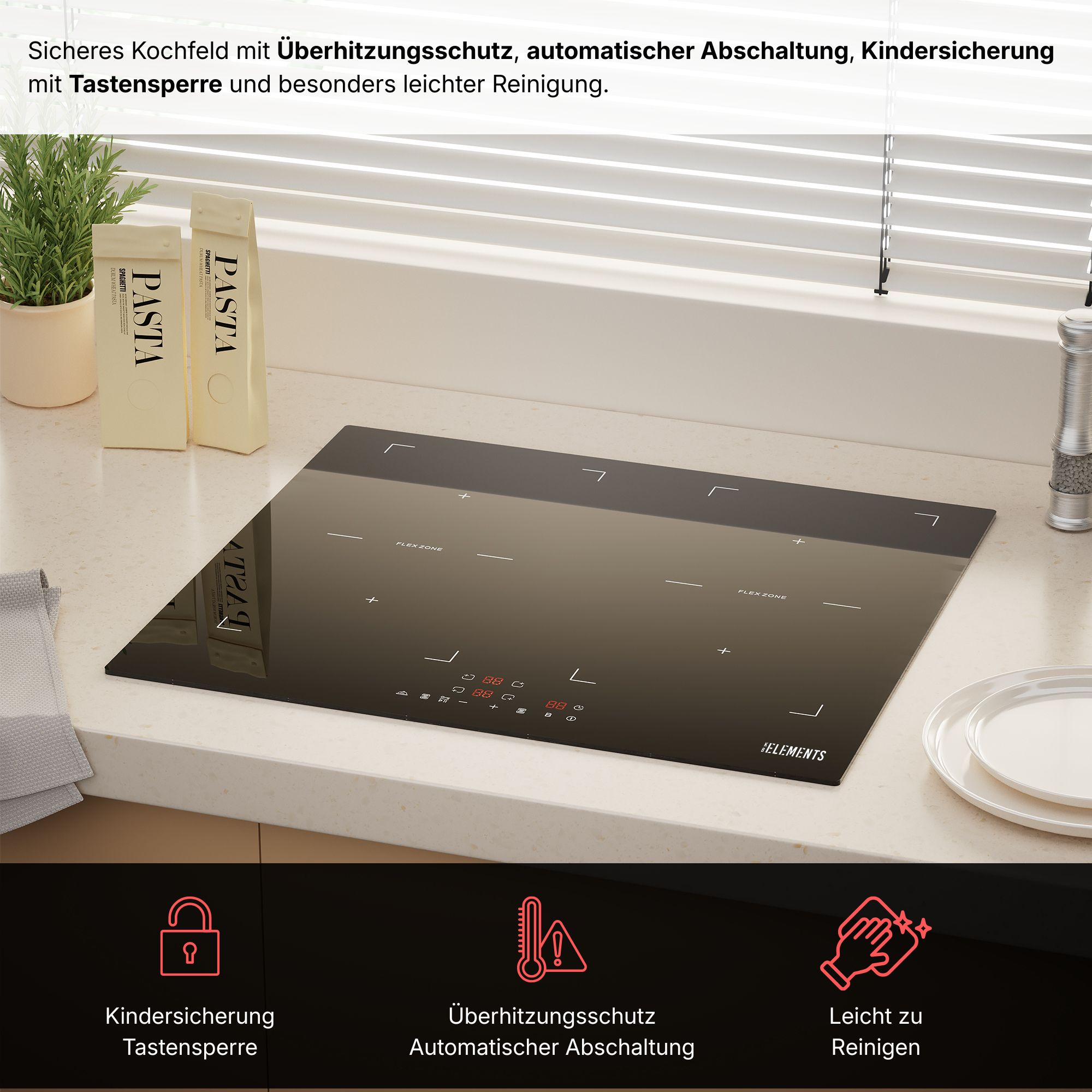 Ein schwarzes Induktionskochfeld mit Touch-Bedienung und Kochgeschirr.